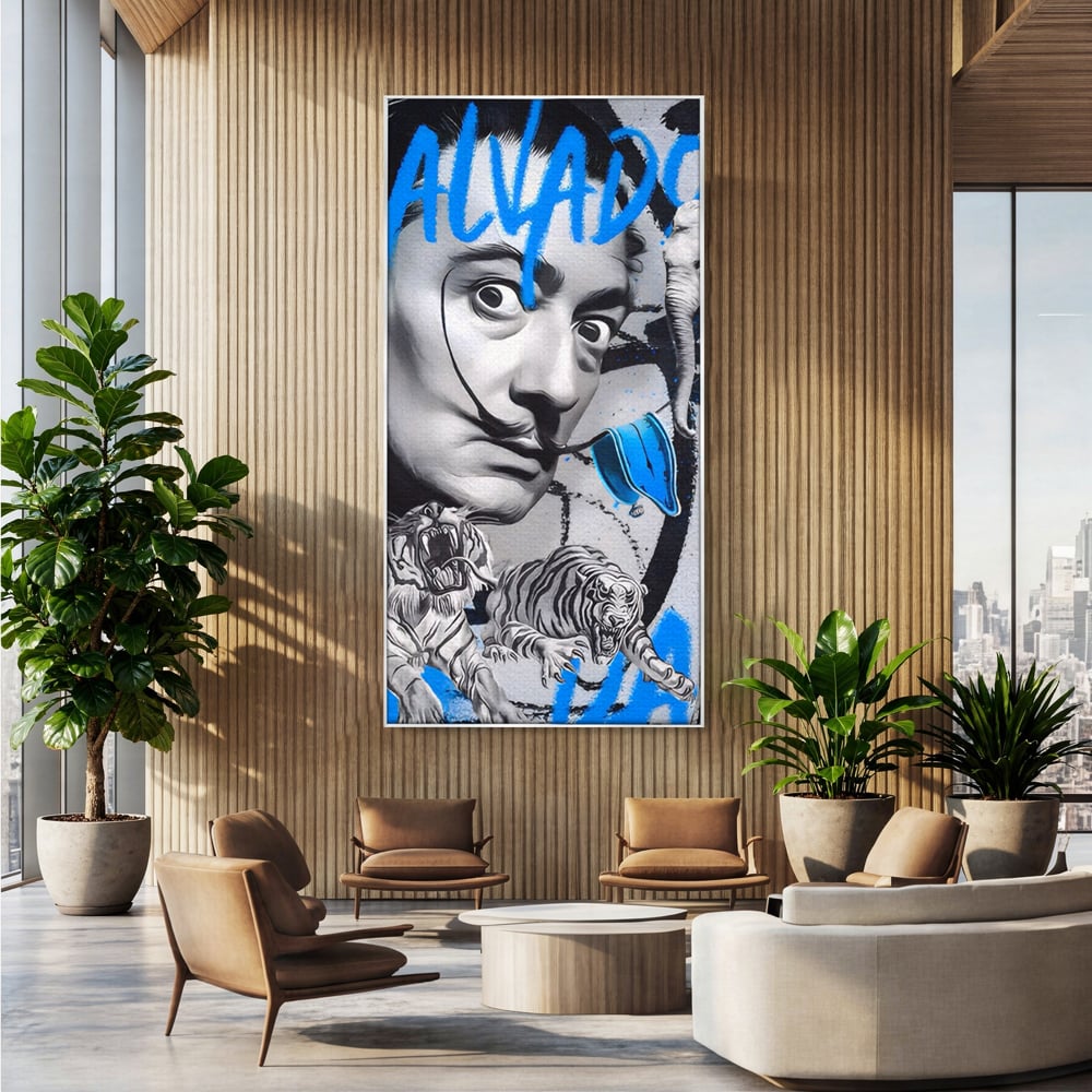 Tablou canvas cu tablou canvas cu salvador dali si tigri, in rama de aluminiu argintiu, pe perete intr-un birou